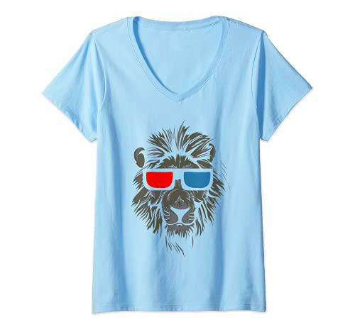 Mujer Gafas de sol retro con cara de león Cabeza de león vintage Camiseta Cuello V
