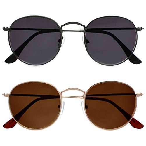 OPULIZE Sol Gafas de Lectura Solares Pack de 2 Montura Retro Redonda Gris Plomo Dorado Resistente a Arañazos Bisagras de Muelle Lente Tintado Protección UV 400 Unisex Hombre Mujer SS94-79 +1.50