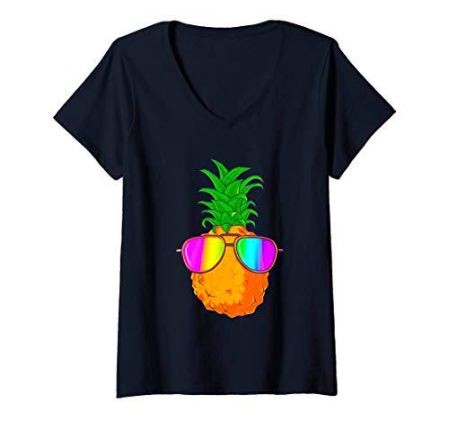 Mujer Piña Gafas De Sol Retro Vintage Tropical Hawaii Hawaiano Camiseta Cuello V