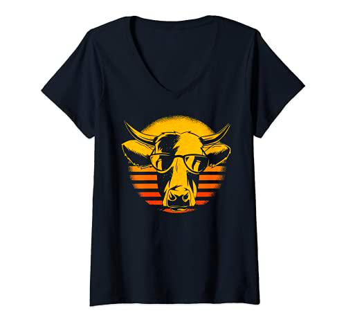 Mujer Vaca cabeza de vaca gafas de sol retro agricultor Camiseta Cuello V